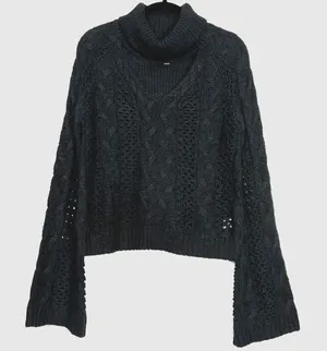 Leith Turtleneck Sweater Womens Medium Black Cut Out Long Sleeves Chunky Knit thumbnail 1