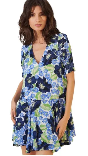 Free People Floral Mini Dress Blue Green Flowy‎ V Neck Size LG Moon Chaser thumbnail 1