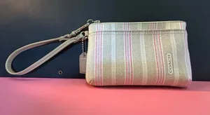 Coach Beige Stripe Wristlet with Pink Accents thumbnail 1