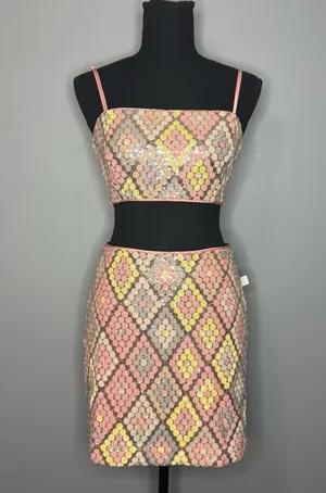 NWT CAROLINE CONSTAS Sequin Crop Top & Skirt Set Pink Size 2 thumbnail 1