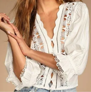 NWT Free People louella embroidered Blouse Color White IVORY Size S thumbnail 1