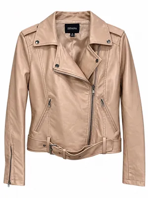 Zenana Beige Blush Vegan Faux Leather Belted Moto Jacket M thumbnail 2