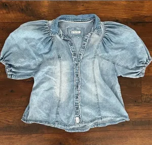 We The Free Light Wash Denim Puff Sleeve Button Down thumbnail 1