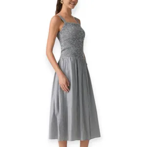 NWT OGL Striped Poplin Square Neck Smocked Midi Bra Dress Sz Medium Gray Stripe thumbnail 2