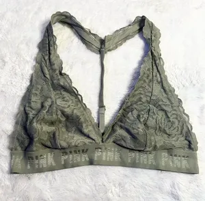 VS PINK Olive Green Lace T-Back Bralette Size Medium Wireless Comfort Bra thumbnail 1