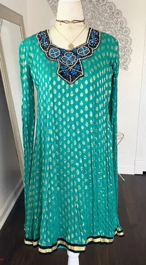 Source Unknown Turquoise and Gold Embroidered Blue Beaded Indian Silk Kameez Dress XS / 34 thumbnail 1
