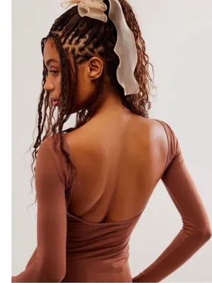 FREE PEOPLE Low Back Long Sleeve‎ Tee Top Medium Large Brown Seamless Ballet New thumbnail 2