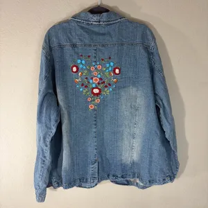 DENIM 24/7 plus size jean jacket Florals Embroidered Sz 24W Boho Biker Western thumbnail 5