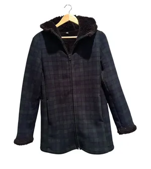 Uniqlo‎ Blackwatch Plaid Lined Fleece Hooded Coat Green Navy Blue Small Jacket thumbnail 1
