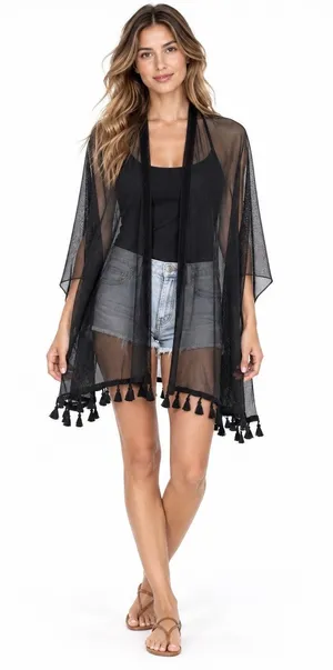 NWT Lulus Sheer Black Tasseled Versatile Shawl Scarf Sarong Cover-Up thumbnail 1