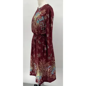 Vintage 70s Floral Print Matching Skirt Set Button Neck Tunic Midi Maroon Small thumbnail 5