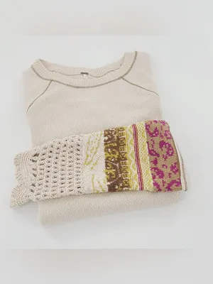Free People In The Mix Cuff Cream Crochet Embroidered Boho Thermal Top XS thumbnail 2
