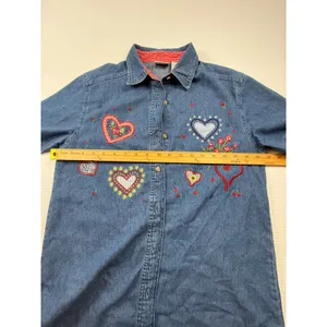 Bobbie Brooks Womens Denim Heart Embroidered Short Sleeve Button Down Shirt thumbnail 5