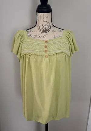 Maurices - Large- Light Green Smocked Off-Shoulder Tunic Top thumbnail 1