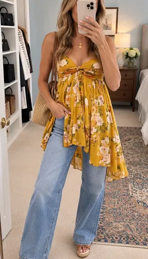 Free People Mustard Floral Halter High-Low Tunic Top XS thumbnail 1