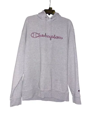 Champion Light Gray Pullover Hoodie with Red Script Logo thumbnail 1