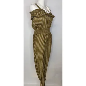 RW&A Rwanda Clothing Women Olive Striped Cold Shoulder Smocked Waist Jumpsuit thumbnail 4
