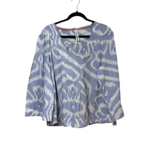 Anthropologie Blue White Ikat Cotton V-Neck Blouse XL Boho 3/4 Sleeve‎ Top thumbnail 2