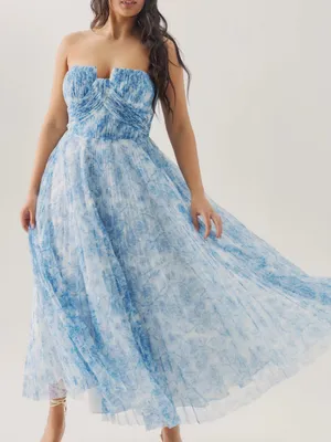 Hutch Corene Strapless Floral Tulle Midi Dress Blue Chinoiserie Plus Size 22W thumbnail 1