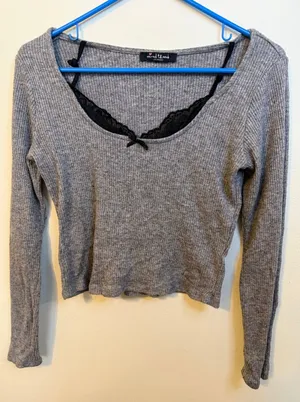 Mixed Threads Ribbed Lace Trim Top Women Med Grey Excellent Cropped Long Sleeve thumbnail 1