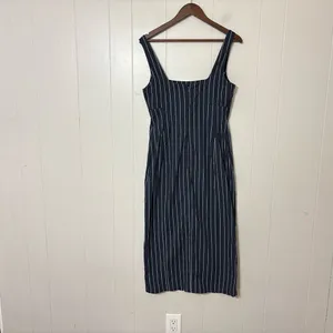 By Anthropologie Pinstripe Midi Dress Size M Navy Square Neck Side Slit thumbnail 9