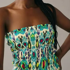 Anthropologie Women's Smocked Tube Top XS Blue/Green Ikat Print Strapless‎ Tank thumbnail 1