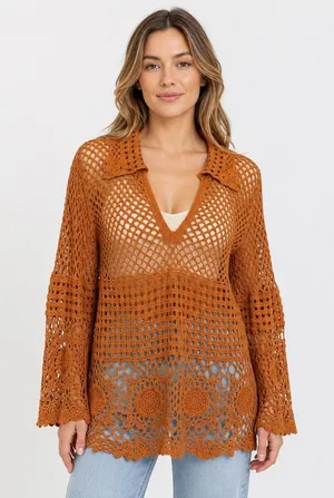 Cato Crochet Tunic Top L Rust Orange Cotton Open Knit Boho Vacation Festival thumbnail 1