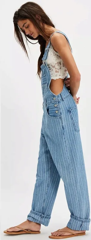 Free People XL Ziggy Striped Overalls in Beachcomber Railroad Bohemian Coastal thumbnail 1