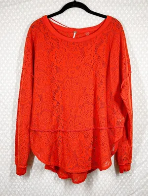 Free People‎ Orange Red Floral Eyelet Not Cold In This Top thumbnail 1