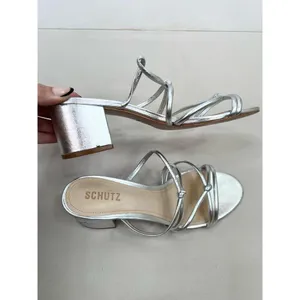 Schutz Silver Strappy Design Block Heel Open Toe Sandal Leather Womens Size 8.5B thumbnail 5