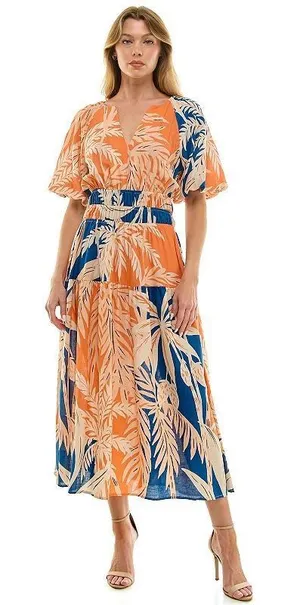 FIG + FLOWER‎ Women Dress Large Tropical Leaf Print Smocked Orange Boho Resort thumbnail 1