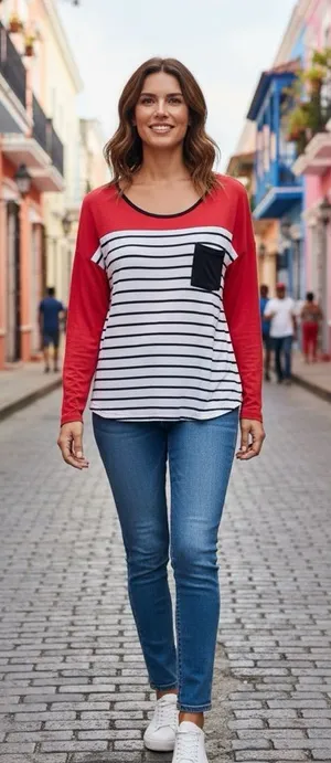 Zenana Outfitters Red Raglan Sleeve Striped Long-Sleeve Top with Black Pocket thumbnail 1