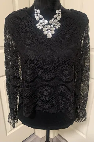 NWT Pointelle Black Lace Long Sleeve Top Elegant Romantic Sheer Floral Blouse thumbnail 1