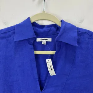 Madewell V Neck Mini Dress Linen Blue Pockets Easy Shift Relaxed Coastal XS NWT thumbnail 9