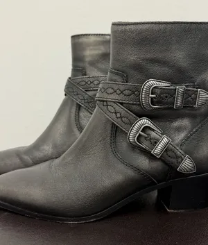 Frye Dark Pewter Leather Ellen Buckles Pointed Toe Block Heel Ankle Boots 7.5 M thumbnail 1