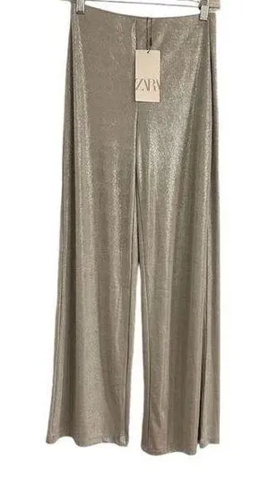 ZARA Silver Shimmer Stretchy Pull On Wide Leg Pants Size Small New with Tags thumbnail 1