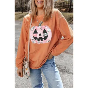 Patchwork Pumpkin Graphic Corded Ribbed Round Neck Tunic Sweatshirt thumbnail 2