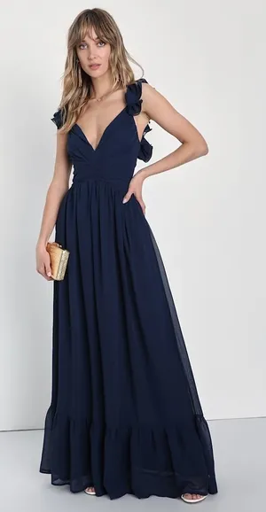 NWT Lulus Soiree Celebration Navy Blue Ruffled Lace-Up Maxi Dress Wedding Sz XL thumbnail 1
