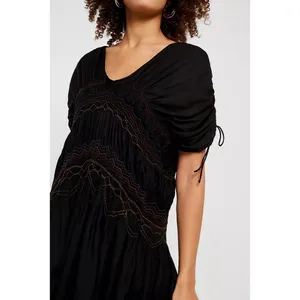 Free People Black Rainbow Smocked Boho Mini Dress S Ruched‎ Embroidered NWT thumbnail 3