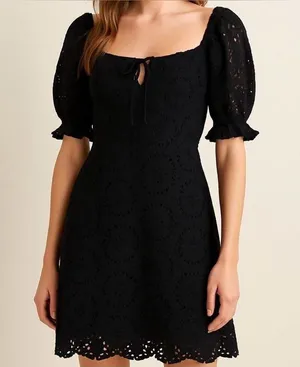 7 For All Mankind Black Puff Sleeve Eyelet Dress 100% Cotton‎ large thumbnail 1