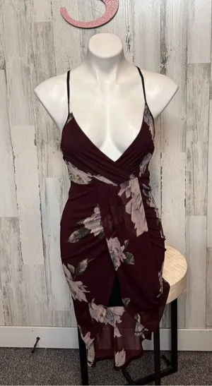 Ipona Collection Burgundy Floral Wrap Midi Dress Women’s Size S thumbnail 1