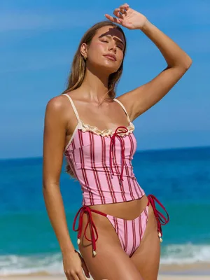 Samiol Pink Striped Ruffle Tankini Top & Tie-Side Bottoms thumbnail 3