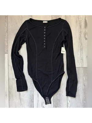 NWT Free People Intimately Sloane Long Sleeve Henley Black bodysuit size xs thumbnail 5