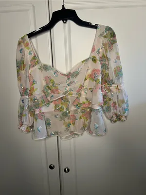 For Love & Lemons Paradis Floral Sequin Ruffle Blouse thumbnail 3