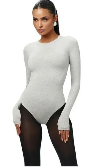 Naked Wardrobe Mock Neck Ribbed Sculpted Bodysuit in Heather Gray Size Medium thumbnail 1
