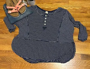 Free People Women’s Medium Striped Blue White Linen Button Oversized Top Shirt thumbnail 1