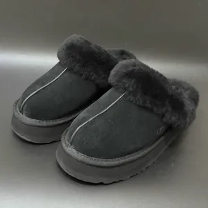 UGG Disquette Black Suede Leather Plush Sheepskin Platform Slippers Size 8 thumbnail 2
