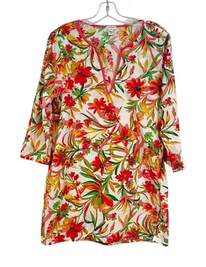 J. Crew Factory‎ Floral Tunic Beach Coverup Women's Medium Fuchsia Cream Preppy thumbnail 1
