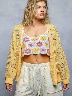 POL Open-Knit Floral‎ Button Cardigan - Medium thumbnail 1