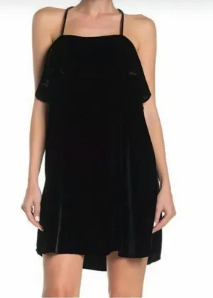 Madewell Black Velvet Ruffle-Trim Spaghetti-Strap Mini Dress thumbnail 1